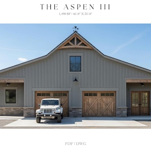 May include: Exterior view of a two-car garage with a light gray facade, wooden garage doors, and a white Jeep parked in front. The building has a gable roof with a decorative wooden truss. The text "THE ASPEN III" is at the top.