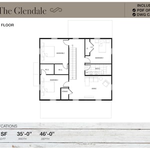 Pu&ograve; includere: Pianta del secondo piano di The Glendale, con quattro camere da letto, due bagni e un ripostiglio. Il piano mostra una superficie totale di 2.294 piedi quadrati, con una larghezza di 35 piedi e una profondit&agrave; di 46 piedi.
