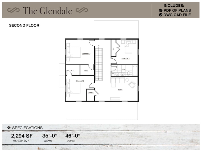 Pu&ograve; includere: Pianta del secondo piano di The Glendale, con quattro camere da letto, due bagni e un ripostiglio. Il piano mostra una superficie totale di 2.294 piedi quadrati, con una larghezza di 35 piedi e una profondit&agrave; di 46 piedi.