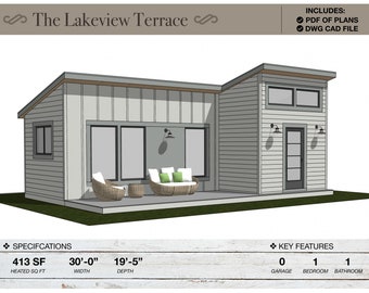 413 SQFT Tiny House, 19'-5" X 30'-0, Tiny House-plannen, architectonische plattegronden van moderne huizen, cabineplattegronden