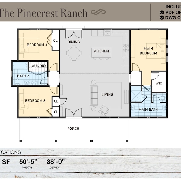 1,531 SQ FT Ranch House, 50'-5" x 38'-0", Cabin Floor Plans, Modern Farmhouse, Architectural Plans, 3 Bedrooms, 2 Bathroom, Home Plans