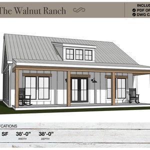 Ranch House van 1157 vierkante voet, 38'-0" x 38'-0", cottageplattegronden, moderne boerderij, architectonische plannen, 2 slaapkamers, 1 badkamer, plattegronden