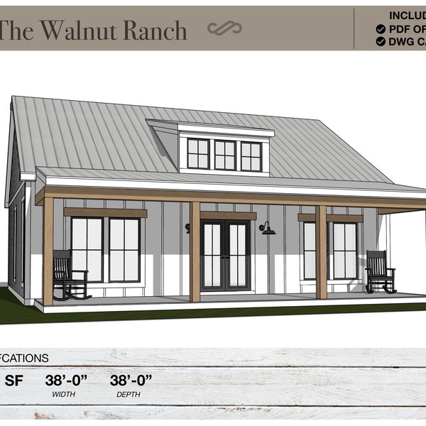 1,157 SQ FT Ranch House, 38'-0" x 38'-0", Cottage Floor Plans, Modern Farmhouse, Architectural Plans, 2 Bedrooms, 1 Bathroom, Home Plans