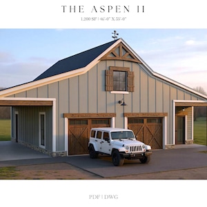 1,200 SQ FT, 46&#39; X 35&#39;, Detached 2 Car Garage Plans, Workshop, Barn, Shed, Modern Farmhouse, Porch, Architectural Plans, Blueprints, Porch