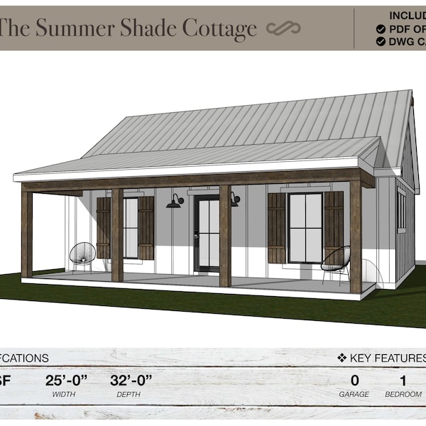 800 SQ FT Tiny House, 32'-0" x 25'-0", Cottage, Floor Plans, Modern Farmhouse, Architectural Plans, Ranch, 1 bedroom, 1 bathroom, Home Plans