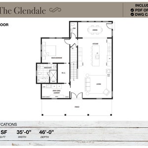 Pu&ograve; includere: Pianta di un'abitazione chiamata "The Glendale" con una superficie totale di 2.294 piedi quadrati. La pianta mostra un soggiorno, una cucina, una sala da pranzo, una camera da letto principale, un bagno, una lavanderia e un portico. Le dimensioni della casa sono di 35 piedi di larghezza e 46 piedi di profondit&agrave;.