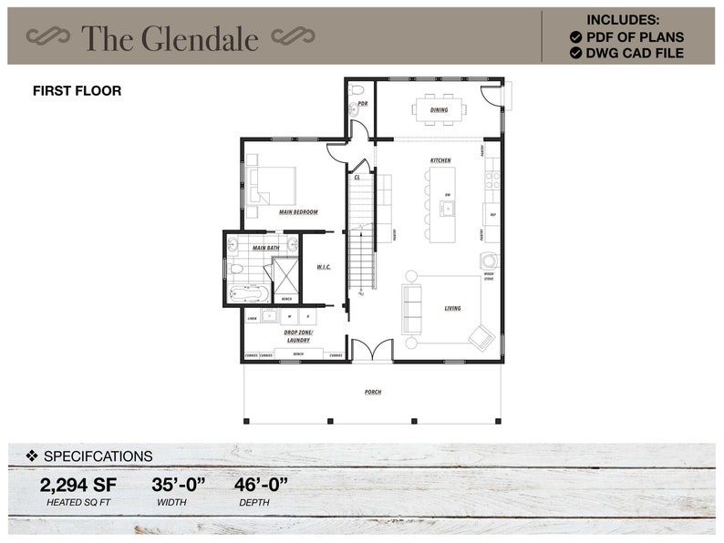Pu&ograve; includere: Pianta di un'abitazione chiamata "The Glendale" con una superficie totale di 2.294 piedi quadrati. La pianta mostra un soggiorno, una cucina, una sala da pranzo, una camera da letto principale, un bagno, una lavanderia e un portico. Le dimensioni della casa sono di 35 piedi di larghezza e 46 piedi di profondit&agrave;.