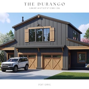 May include: Architectural rendering of a two-storey house, "THE DURANGO", with a dark grey exterior and light wood accents. The house features two garage doors, a white SUV, and a covered porch. The text "1,286 SF 14.02m x 11.28m 2 BD 1 BA" is visible.