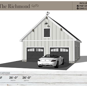 676 SQ FT, 26&#39; X 26&#39;, Detached 2 Car Garage Plans, Barn, Modern Farmhouse, Architectural Plans, Blueprints, House Plans, Workshop, Studio