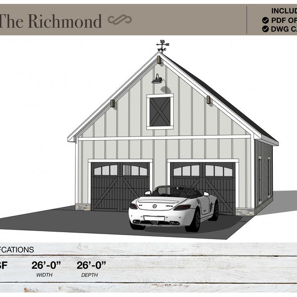 676 SQ FT, 26' X 26', Detached 2 Car Garage, Barn, Modern Farmhouse, Architectural Plans, Blueprints, Home Plans