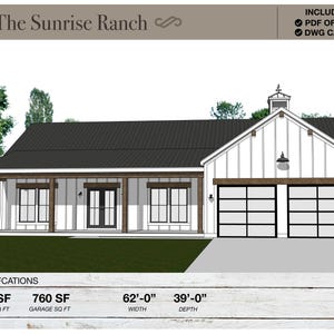 Ranch House van 1.334 vierkante voet, plattegrond ranch, moderne boerderij, Scandinavische boerderij, 2 slaapkamers, 1 badkamer, plattegronden huis