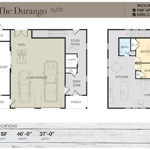 Barndominium, garage voor 2 wagens, appartement, 1286 vierkante voet, 46' x 37', Tiny House, plattegronden, moderne boerderij, architectonische plannen, huisplannen