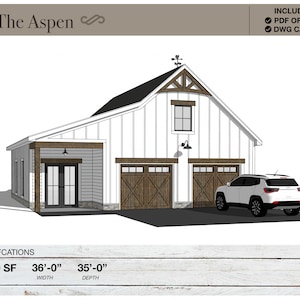 1,200 SQ FT, 36&#39; X 35&#39;, Detached 2 Car Garage, Workshop, Barn, Shed, Modern Farmhouse, Porch, Architectural Plans, Blueprints, Barndominium