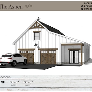 1,200 SQ FT, 36&#39; X 35&#39;, Detached 2 Car Garage, Workshop, Barn, Shed, Modern Farmhouse, Porch, Architectural Plans, Blueprints, Barndominium