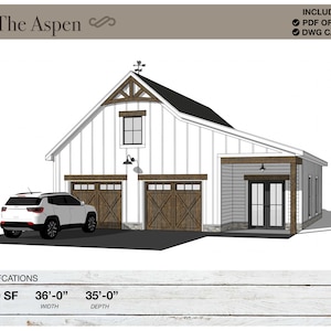 1,200 SQ FT, 36' X 35', Detached 2 Car Garage, Workshop, Barn, Shed, Modern Farmhouse, Porch, Architectural Plans, Blueprints, Barndominium