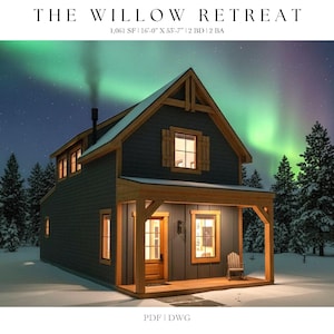 May include: A two-story cabin with a dark gray exterior and wooden accents. The cabin has a porch with a small chair and is surrounded by snow and evergreen trees. The night sky features the Northern Lights and the text "THE WILLOW RETREAT".