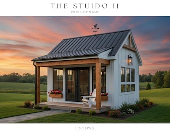 May include: A small, white studio with a black metal roof and wooden accents. The studio has a porch with a white chair and flower boxes. The text "THE STUDIO II" is at the top. The studio is 16 feet by 14 feet.
