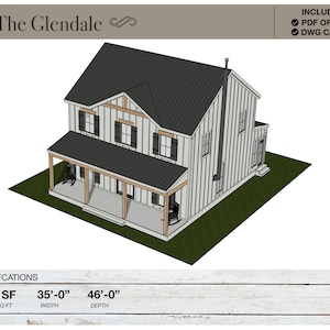 Pu&ograve; includere: Un rendering 3D di una casa a due piani con un esterno bianco, persiane nere e un tetto marrone. La casa ha un portico con una sedia a dondolo e un camino. La casa &egrave; di 2.294 piedi quadrati, 35 piedi di larghezza e 46 piedi di profondit&agrave;. L'immagine include il testo "The Glendale" e "INCLUDES: PDF OF PLANS DWG CAD FILE".
