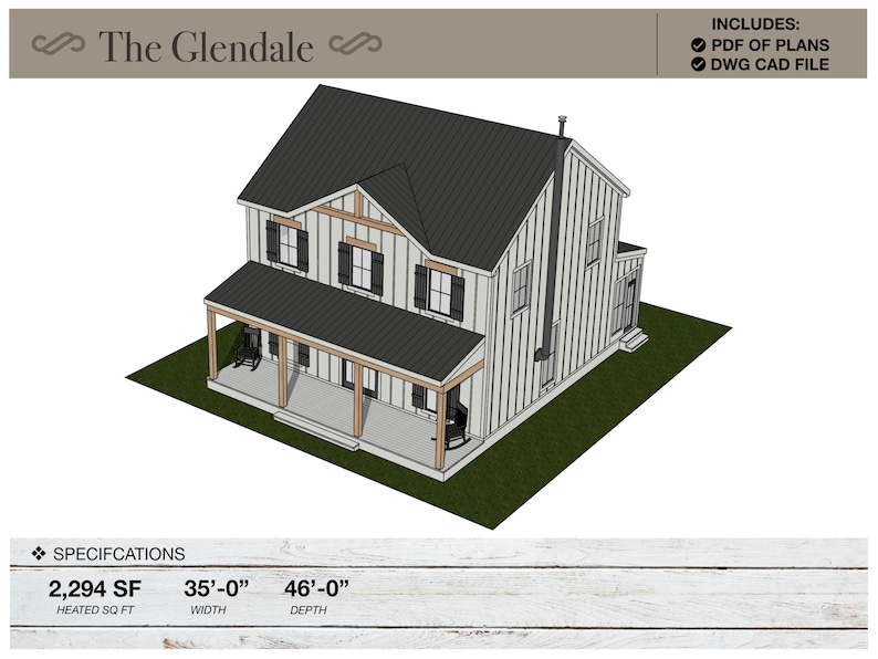 Pu&ograve; includere: Un rendering 3D di una casa a due piani con un esterno bianco, persiane nere e un tetto marrone. La casa ha un portico con una sedia a dondolo e un camino. La casa &egrave; di 2.294 piedi quadrati, 35 piedi di larghezza e 46 piedi di profondit&agrave;. L'immagine include il testo "The Glendale" e "INCLUDES: PDF OF PLANS DWG CAD FILE".