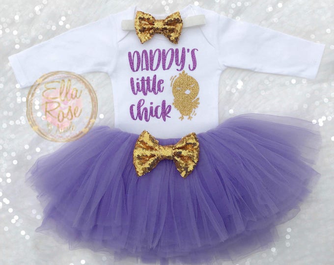 Featured listing image: Baby Girl Easter Outfit / First Easter / Daddy's Little Chick Easter Outfit / Easter Tutu / Lavender and Gold Girls Easter Outfit