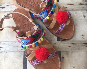 Leather Sandals "Eygenia" (Handmade to order)Kids sandals, Boho sandals, Girls sandals, Bohemian, Colorful, Ribbon, Unique, Baptism, Summer