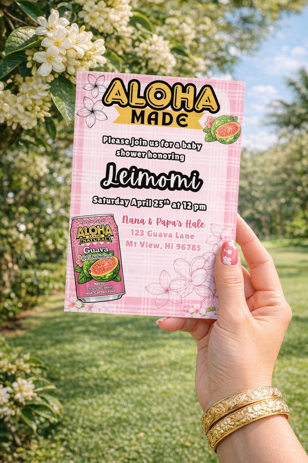 Editable Pink Palaka Baby Shower Invitation, Hawaiian Guava Nectar ...
