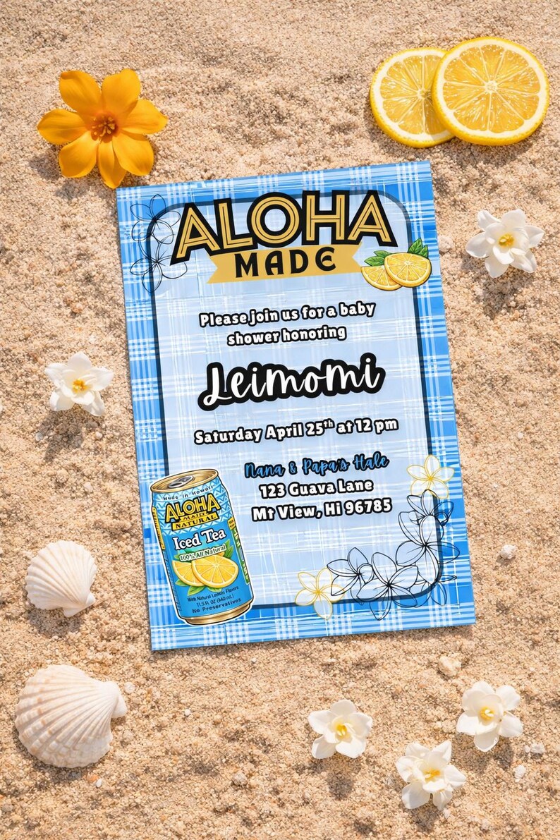 Editable Blue Palaka Baby Shower Invitation, Aloha Made Hawaiian Theme ...