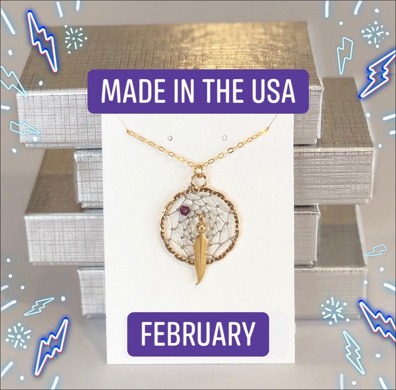 Birthstone Dream Catcher Gold-Filled Necklace wFeather