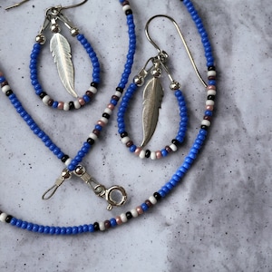 Medium Blue w/Pink & Purple Beaded Necklace - Sterling Silver Findings
