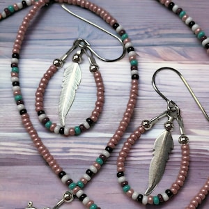 Pink w/Seafoam Green & Purple Beaded Earrings - Sterling Silver Findings