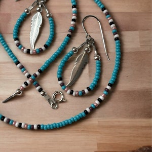 Blue Turquoise w/Pink & Purple Beaded Necklace - Sterling Silver Findings