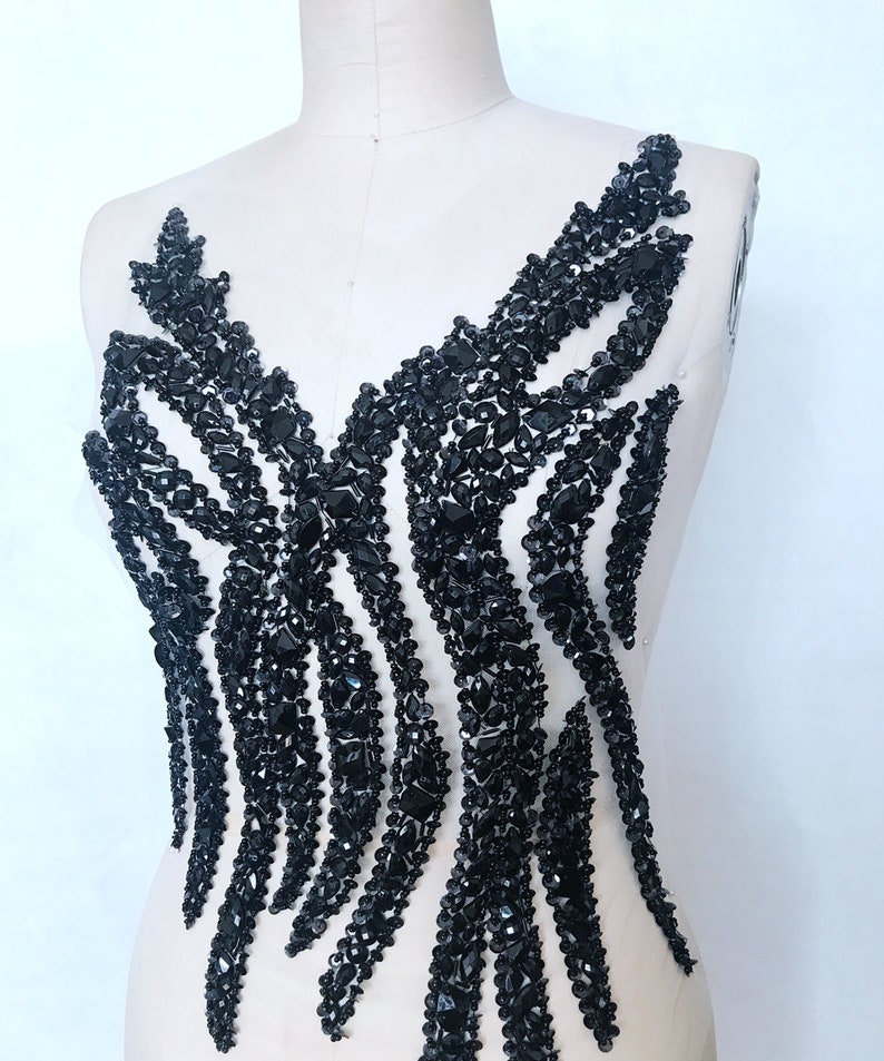 Handmade black crystal patches sew on Rhinestones applique on white mesh with stones sequins beads 54*29cm for top dress