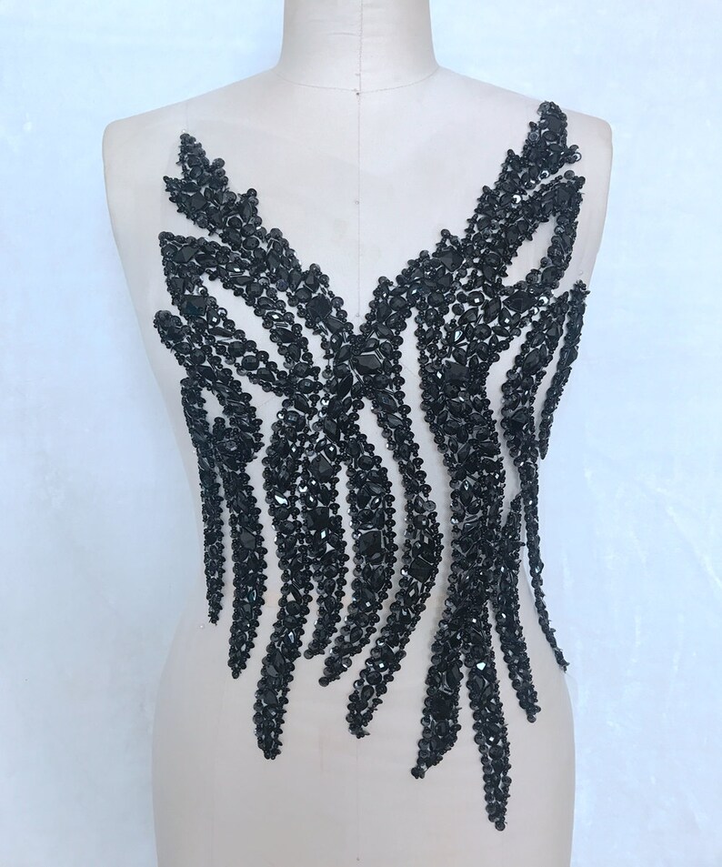 Handmade black crystal patches sew on Rhinestones applique on white mesh with stones sequins beads 54*29cm for top dress