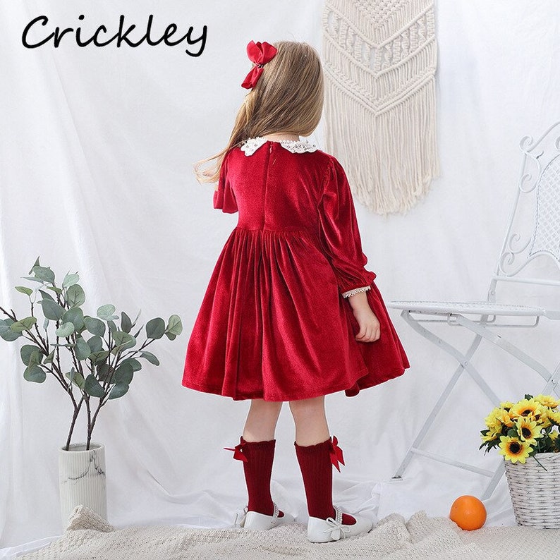 Red Velvet Baby Grils Party Dresses Princess Ball Gown Kids Clothes Lace Lantern Sleeve Children Clothes Solid Toddler Dress