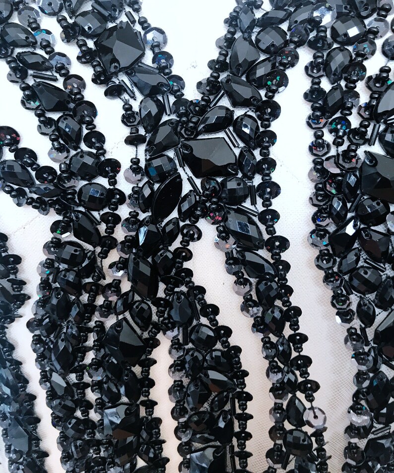 Handmade black crystal patches sew on Rhinestones applique on white mesh with stones sequins beads 54*29cm for top dress