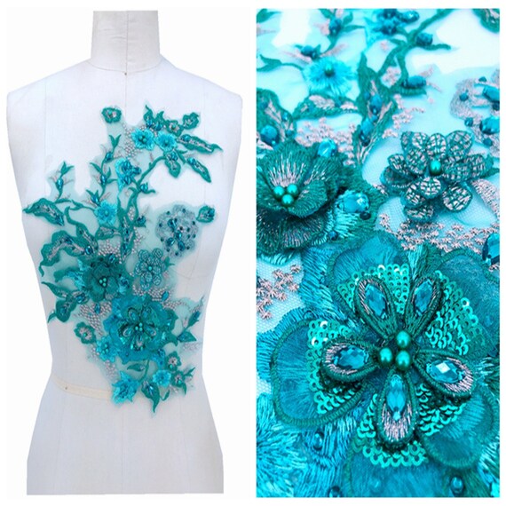 3 x 25cm BLUE AQUA GOLD ROSE FLOWER TRIMMING Embroidered Sew Iron On APPLIQUE
