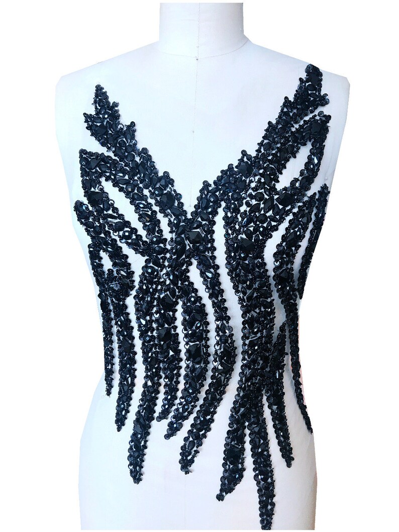 Handmade black crystal patches sew on Rhinestones applique on white mesh with stones sequins beads 54*29cm for top dress