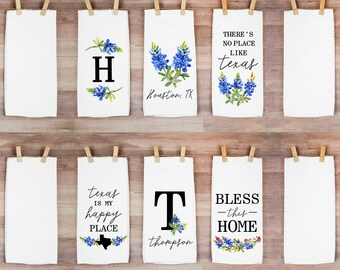 Personalized Bluebonnet Texas Floral Kitchen Waffle Tea Towel / Easter Hostess Gift / Housewarming Gift / Texas decor / bridal shower gift