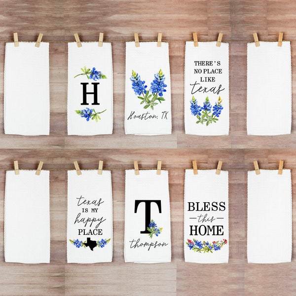 Personalized Bluebonnet Texas Floral Kitchen Waffle Tea Towel / Easter Hostess Gift / Housewarming Gift / Texas decor / bridal shower gift