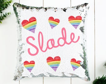 Personalized Rainbow Hearts Mermaid Sequins Pillow / Reversible Sequins Pillow / Rainbow gift / Rainbow Heart Glitter / gift for little girl