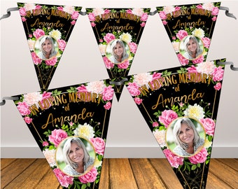 Personalised Memorial In Loving Memory PHOTO Flag Banner Bunting with ribbon N101 (10 Flags ) Funeral Wake Hanging Decoration
