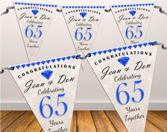 Personalised 65th Sapphire Wedding Anniversary Flag Banner Bunting with ribbon N56 (10 Flags ) Hanging Decoration