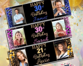 Personalised Custom Happy Birthday Photo Banners - 16th 18th 21st 30th 40th 50th 60th 70th 80th Party Decoration Gold Blue Pink