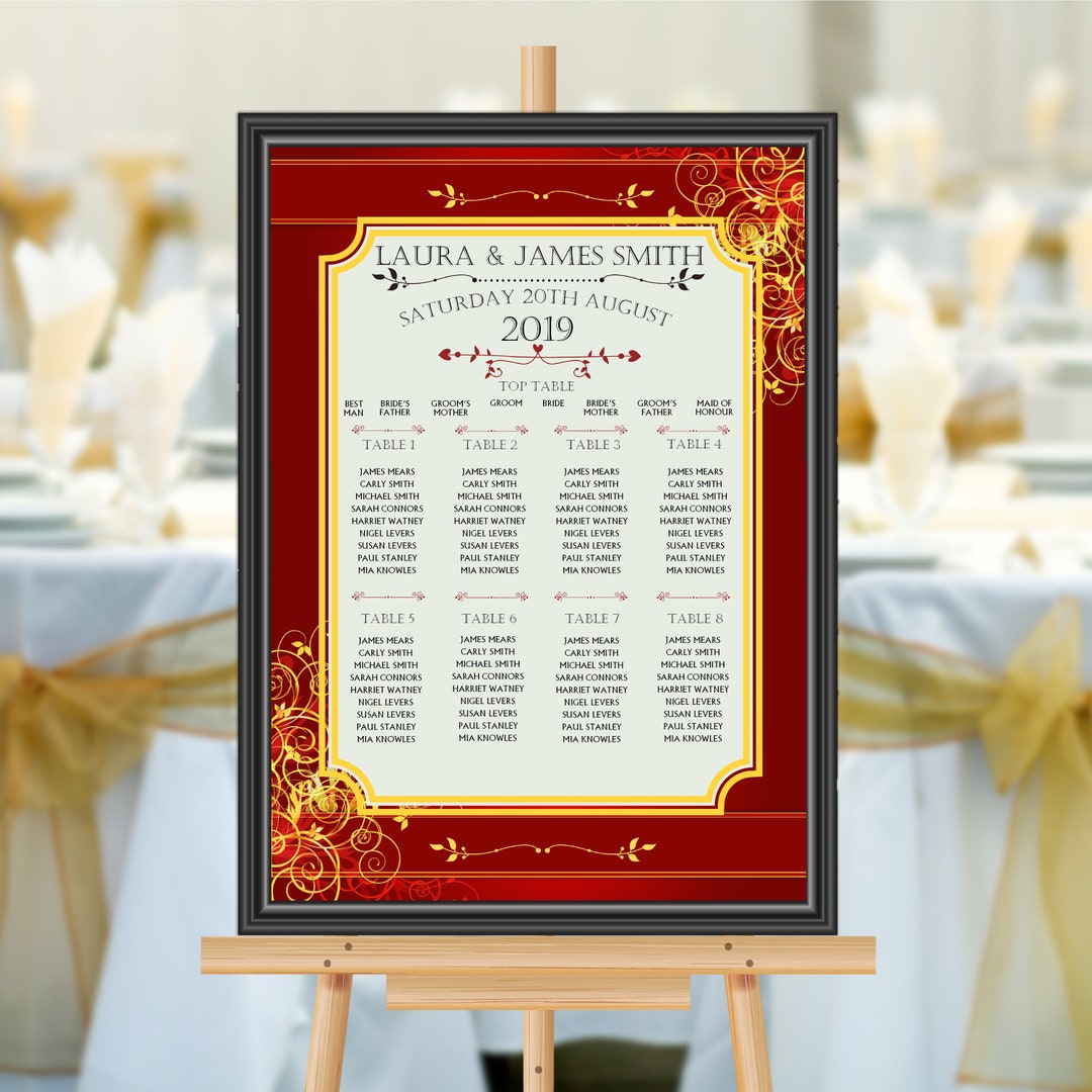 Personalised Wedding Table Seating Plan Names Numbers Large Red & Gold ...