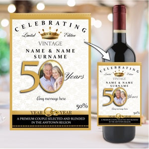 Personalised Vintage 50th Golden Wedding Anniversay Wine / Champagne Bottle Sticker PHOTO Label N102 Celebration gift