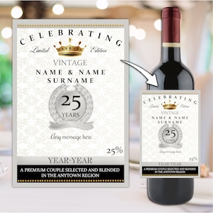Personalised Vintage 25th Silver Wedding Anniversary Wine / Champagne / Prosecco Bottle Sticker Label N15 Gift