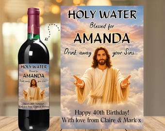 Personalised Holy Water Wine / Champagne Bottle Label Sticker N202 Any Occasion Birthday Christmas Gift