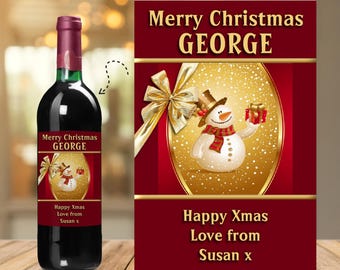 Personalised Snowman Merry Christmas Wine / Champagne Bottle Sticker Label N1 gift for him her