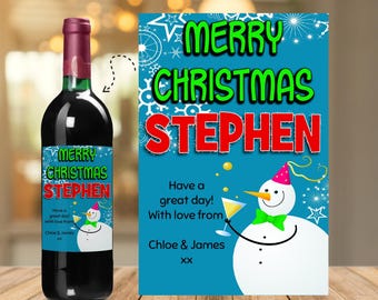 Personalised Merry Christmas Wine / Champagne Bottle Sticker Label N165 Santa Stocking Filler gift for adults