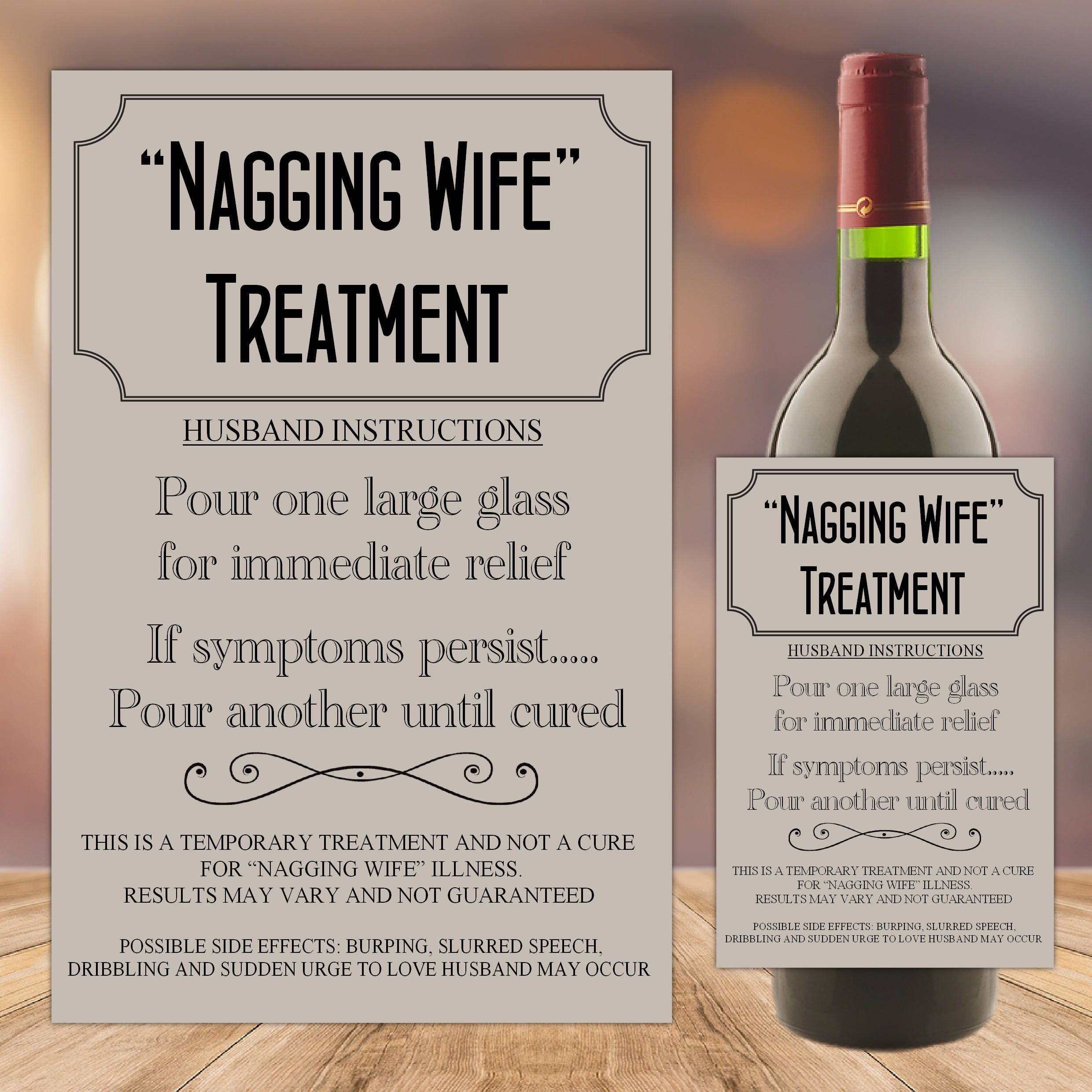 Joke Humour Nagging Wife Treatment Cure Wine Bottle Sticker